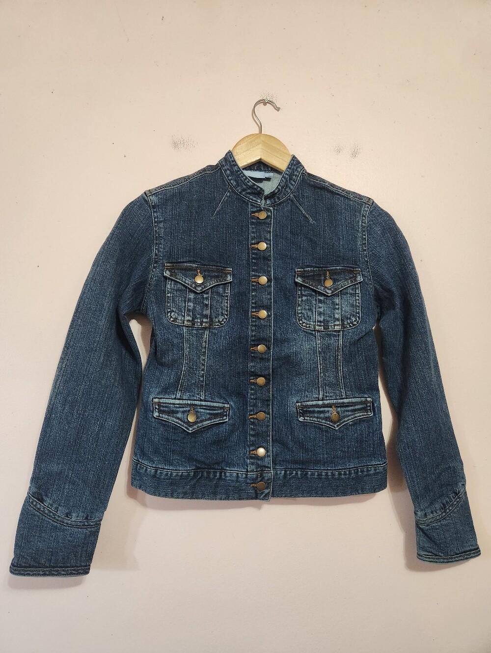 Y2K Denver Hayes Mandarin Collar Embellished Denim Jacket Vintage Wash XS